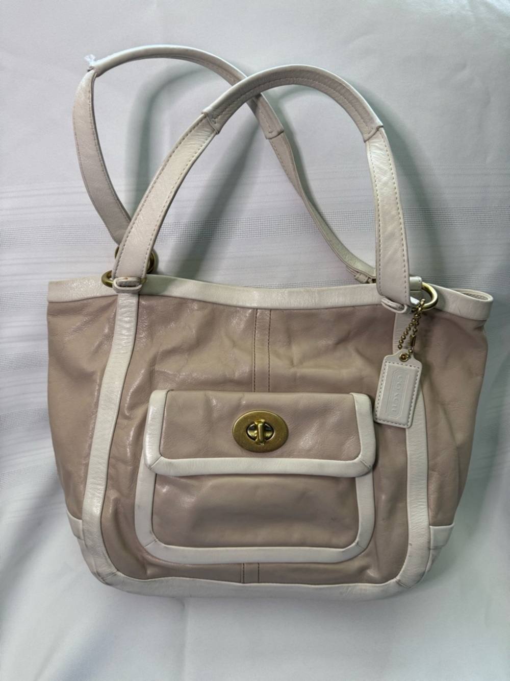 Coach Taupe and White Leather Shoulder Tote with Gold Turnlock